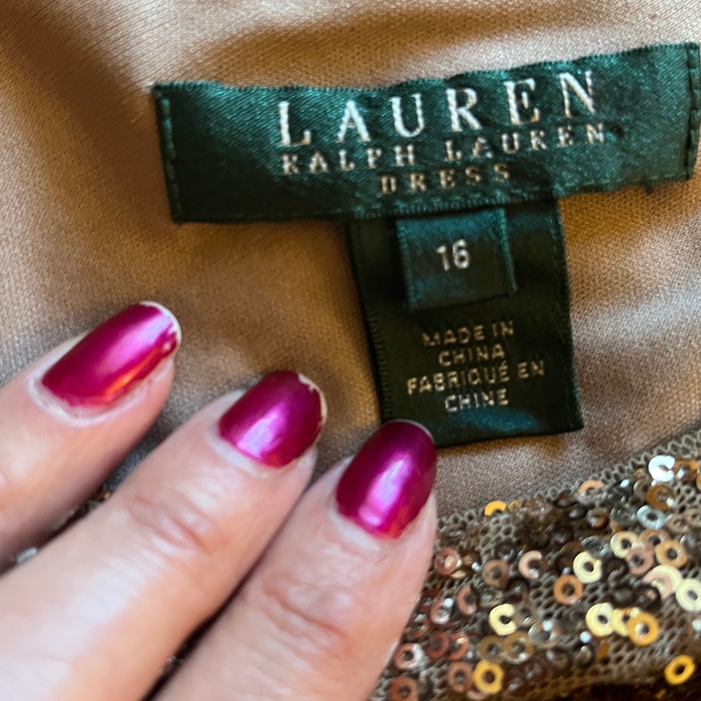 Ralph Lauren Gold Sequined Dress. V-Neck, V-back. Cocktail, formal, party. 14-16 - Picture 8 of 11
